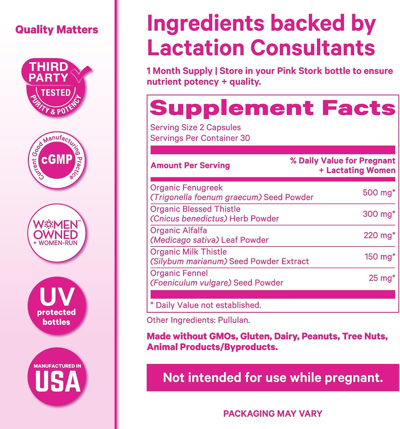 Pink Stork Total Lactation Supplement for Breast Milk Supply, Organic Fenugreek and Alfalfa to Support Breastfeeding, Milk Flow, and Production, Postpartum Essentials - 60 Capsules - PrimeBioHealth - canada supplements