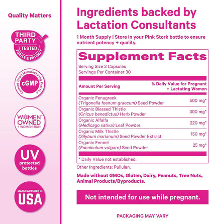 Pink Stork Total Lactation Supplement for Breast Milk Supply, Organic Fenugreek and Alfalfa to Support Breastfeeding, Milk Flow, and Production, Postpartum Essentials - 60 Capsules - PrimeBioHealth - canada supplements