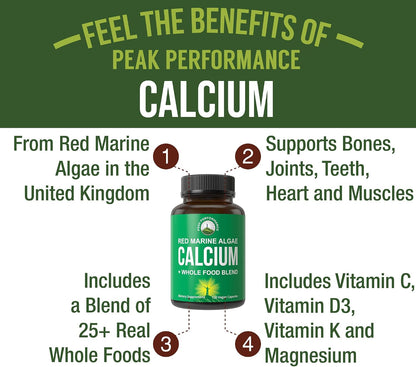 Plant Based Calcium - Red Marine Algae Calcium Supplement with Vitamin C, D3, K, Magnesium, and Whole Food Vegetable Blend. Vegan Capsules for Bones and Joints. 120 Pills, Tablets - PrimeBioHealth - canada supplements