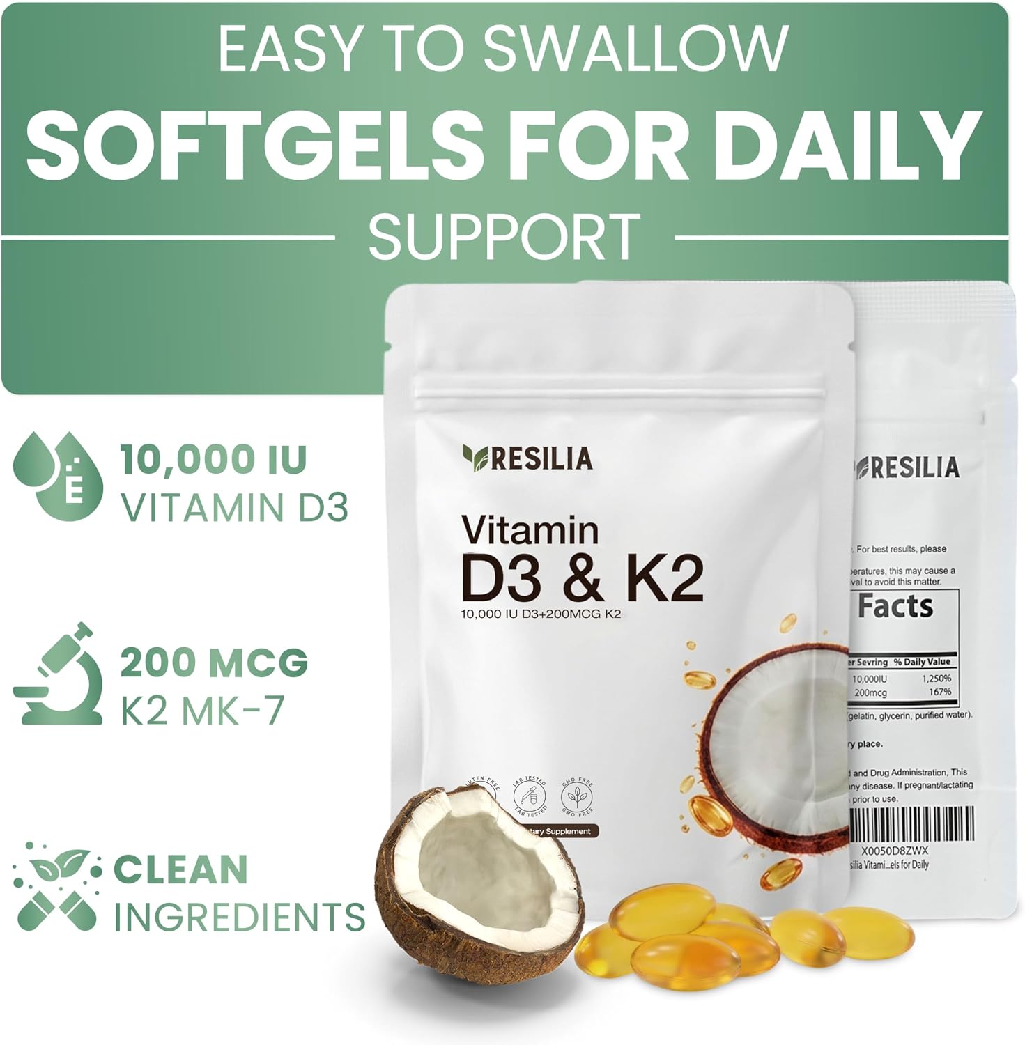 Resilia D3 K2 Vitamin 10000 IU + MK-7 200 mcg – High Potency Softgels with Coconut Oil for Maximum Absorption – Supports Bone Strength, Heart Health & Immune System – (30 Count) - PrimeBioHealth - canada supplements