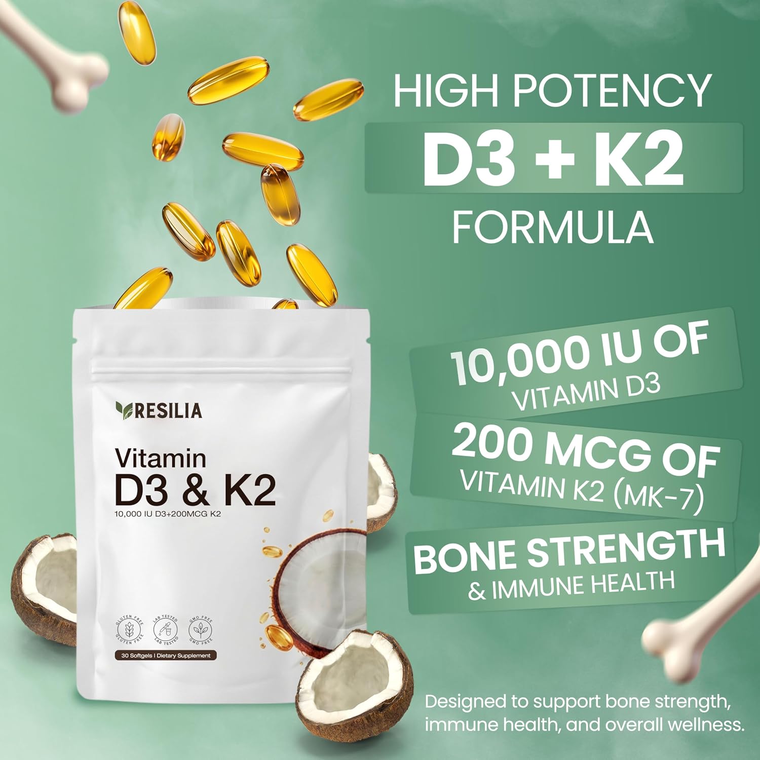 Resilia D3 K2 Vitamin 10000 IU + MK-7 200 mcg – High Potency Softgels with Coconut Oil for Maximum Absorption – Supports Bone Strength, Heart Health & Immune System – (30 Count) - PrimeBioHealth - canada supplements