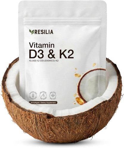 Resilia D3 K2 Vitamin 10000 IU + MK-7 200 mcg – High Potency Softgels with Coconut Oil for Maximum Absorption – Supports Bone Strength, Heart Health & Immune System – (30 Count) - PrimeBioHealth - canada supplements