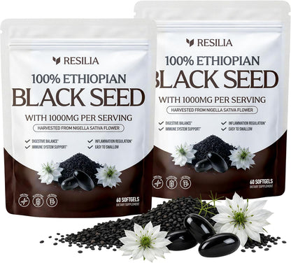 Resilia Ethiopian Black Seed Softgels 1000mg Per Serving – Premium Nigella Sativa Seed Oil Supplement – Digestive & Immune Support Formula – Easy to Swallow Soft Capsules 120 Count (Pack 2) - PrimeBioHealth - canada supplements