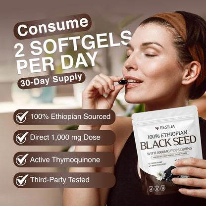 Resilia Ethiopian Black Seed Softgels 1000mg Per Serving – Premium Nigella Sativa Seed Oil Supplement – Digestive & Immune Support Formula – Easy to Swallow Soft Capsules (60 Count) - PrimeBioHealth - canada supplements