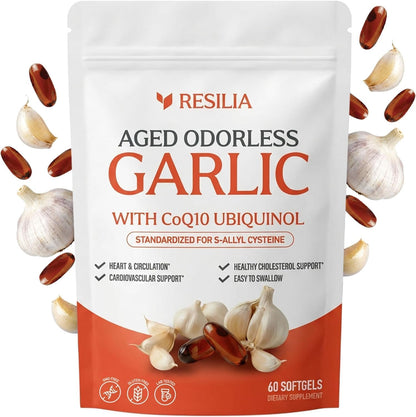 Resilia Garlic Extract 600mg Softgels (60ct) – Odorless Aged Garlic with CoQ10 Ubiquinol & Vitamin K2 as MK-7 – 20-Month Matured, Standardized for S-Allyl Cysteine - Heart & Immune Support - PrimeBioHealth - canada supplements