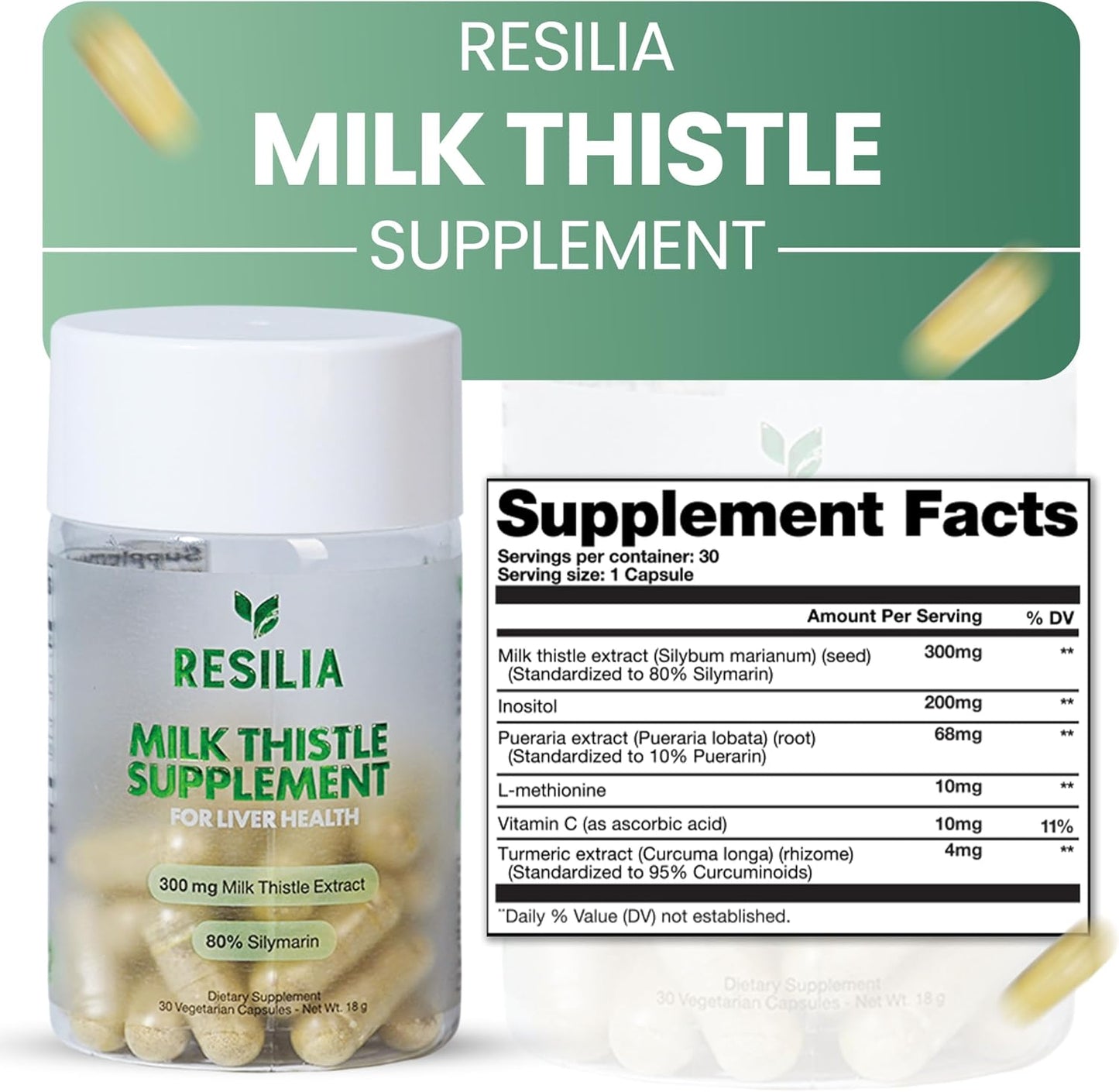 Resilia Milk Thistle Silymarin – 300 mg Supplement with Vitamin C, Inositol, Pueraria Root & Turmeric Extract, High-Absorption Antioxidant-Focused Plant Formula, 30 Vegetarian Capsules - PrimeBioHealth - canada supplements