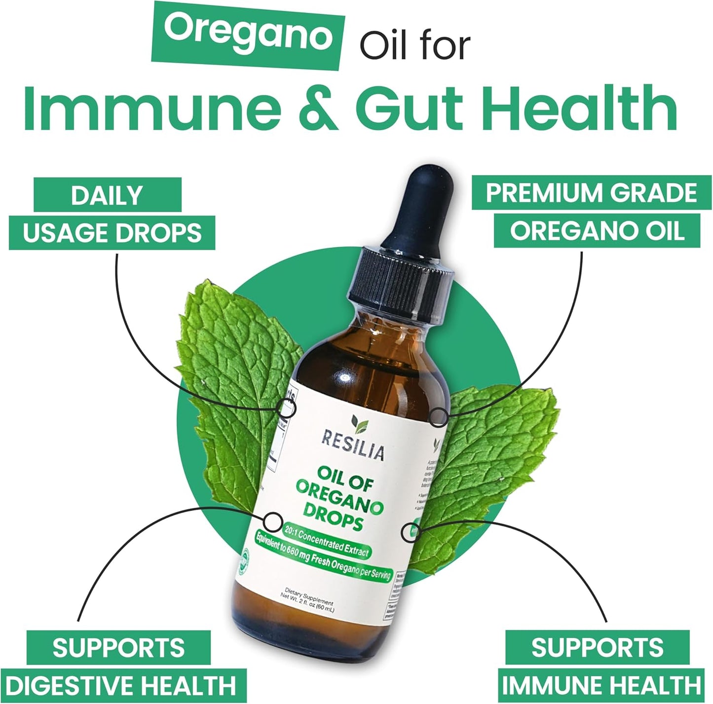 Resilia Premium Oregano Oil Drops – High Potency 34mg Per Serving – Herbal Antioxidant Formula for Immune Support – Non-GMO, Easy-to-Use Liquid Supplement, 60ml - PrimeBioHealth - canada supplements