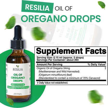 Resilia Premium Oregano Oil Drops – High Potency 34mg Per Serving – Herbal Antioxidant Formula for Immune Support – Non-GMO, Easy-to-Use Liquid Supplement, 60ml - PrimeBioHealth - canada supplements