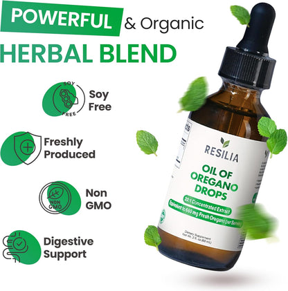 Resilia Premium Oregano Oil Drops – High Potency 34mg Per Serving – Herbal Antioxidant Formula for Immune Support – Non-GMO, Easy-to-Use Liquid Supplement, 60ml - PrimeBioHealth - canada supplements