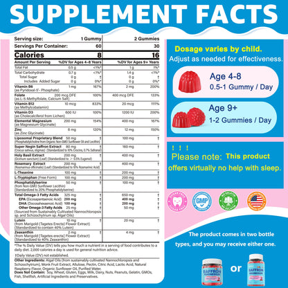 Saffron +Magnesium Glycinate +Omega-3 - Calm Focus Gummies for Kids 4+, Saffron Extract Supplement with L-Theanine, Holy Basil, Rosemary, B6, D3 for Happy Mood, Cognition, Nerve, Sugar Free, 2 Pack - PrimeBioHealth - canada supplements