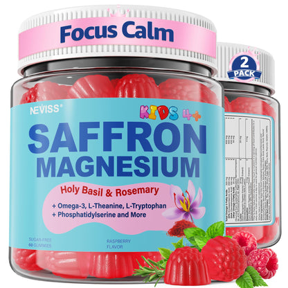 Saffron +Magnesium Glycinate +Omega-3 - Calm Focus Gummies for Kids 4+, Saffron Extract Supplement with L-Theanine, Holy Basil, Rosemary, B6, D3 for Happy Mood, Cognition, Nerve, Sugar Free, 2 Pack - PrimeBioHealth - canada supplements