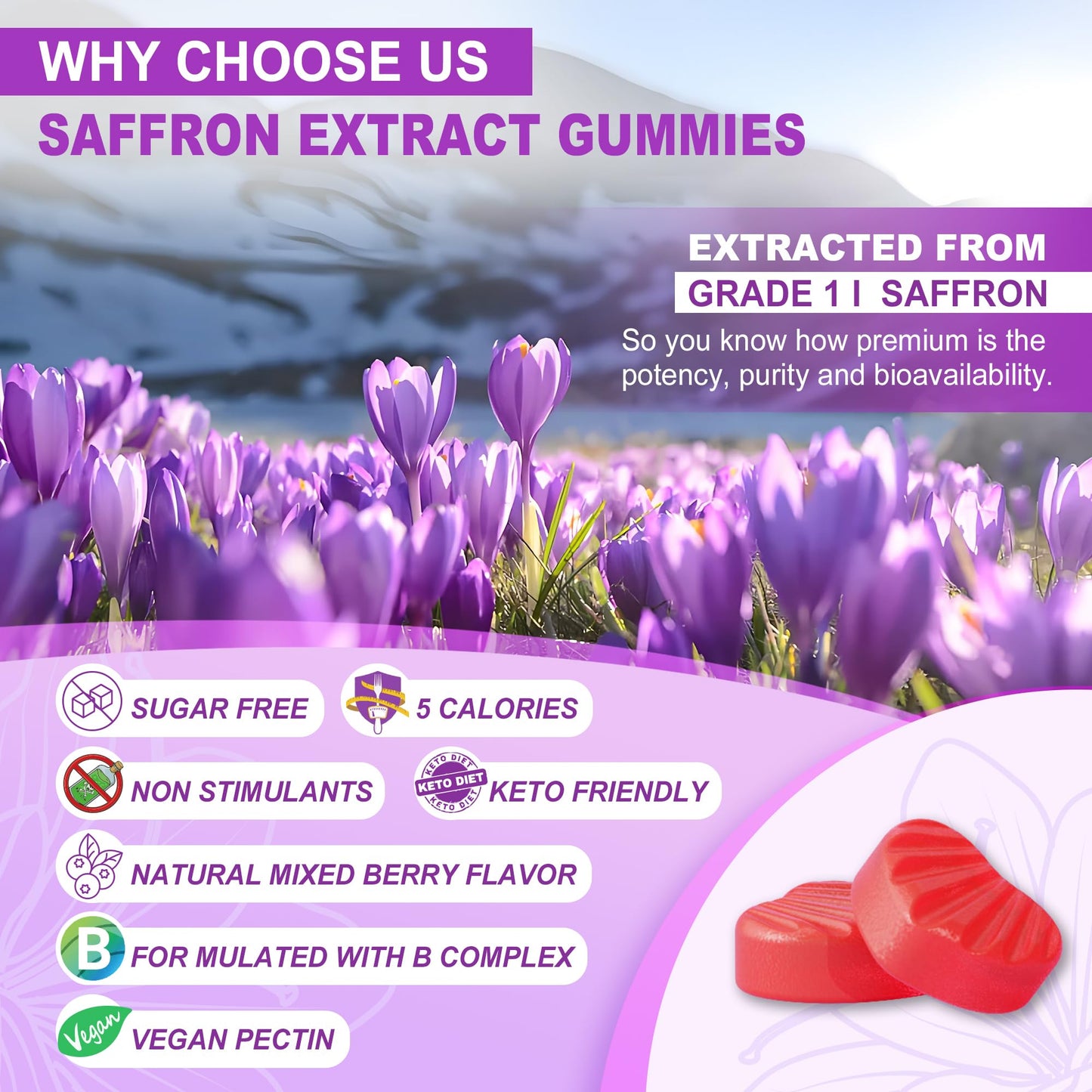 Saffron Supplements Gummies 100mg - 100% Pure Saffron Extract with Magnesium Glycinate, L-Theanine, Turmeric, Ashwagandha, Honey & Vitamin B Complex for Mood & Power, Antioxidant, Vitality - 60 Count - PrimeBioHealth - canada supplements