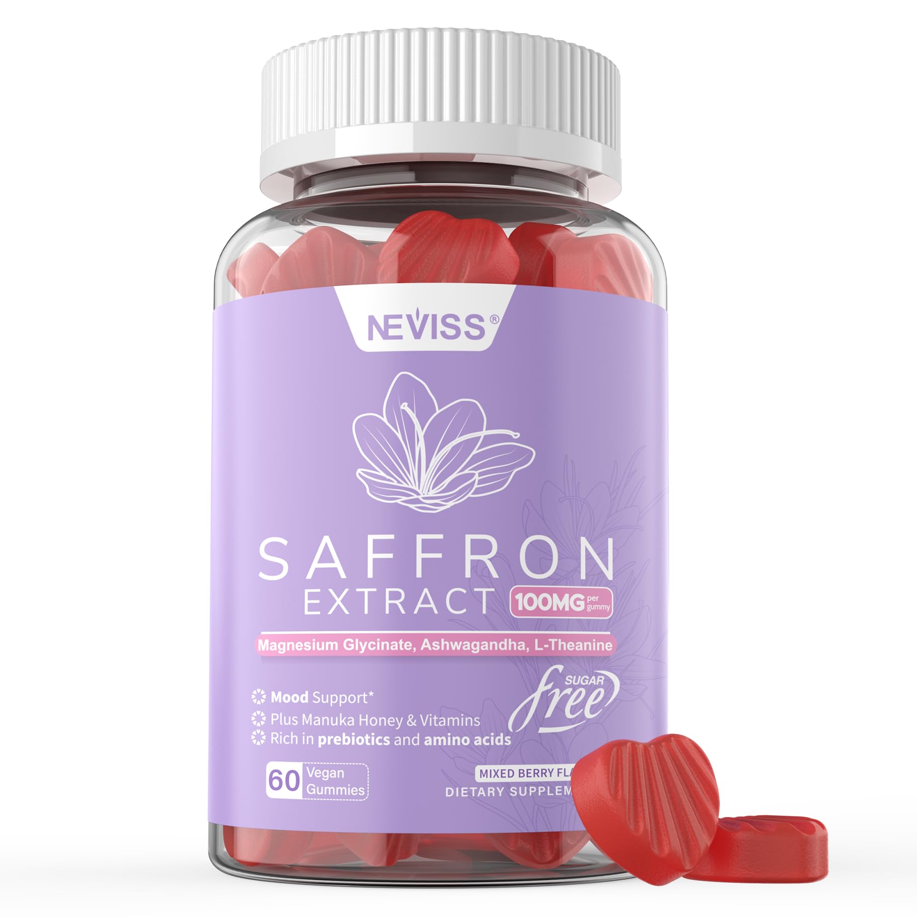 Saffron Supplements Gummies 100mg - 100% Pure Saffron Extract with Magnesium Glycinate, L-Theanine, Turmeric, Ashwagandha, Honey & Vitamin B Complex for Mood & Power, Antioxidant, Vitality - 60 Count - PrimeBioHealth - canada supplements