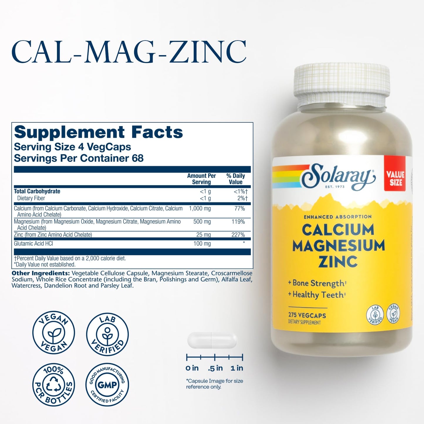 SOLARAY Calcium Magnesium Zinc Supplement - with Calcium 1000mg, Magnesium 500mg - Bone Health, Muscle Function, Heart Health and Immune Support - Vegan, 60 Day Guarantee, 68 Servings, 275 VegCaps - PrimeBioHealth - canada supplements