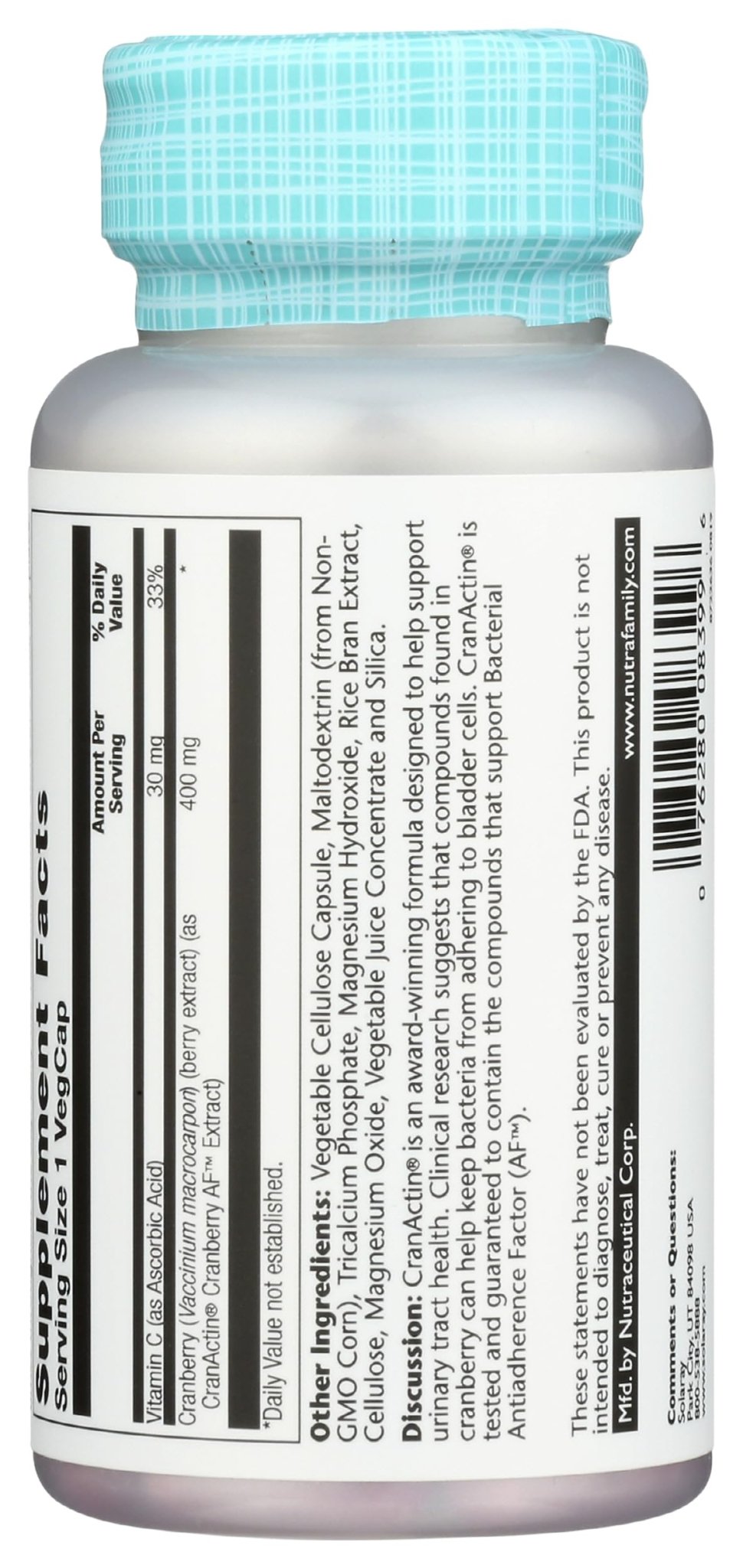 SOLARAY CranActin Cranberry Extract 400 mg - Cranberry Supplements for Women and Men - Bladder and Urinary Tract Health Support with Vitamin C - Vegan, 60-Day Guarantee, 120 Servings, 120 VegCaps - PrimeBioHealth - canada supplements