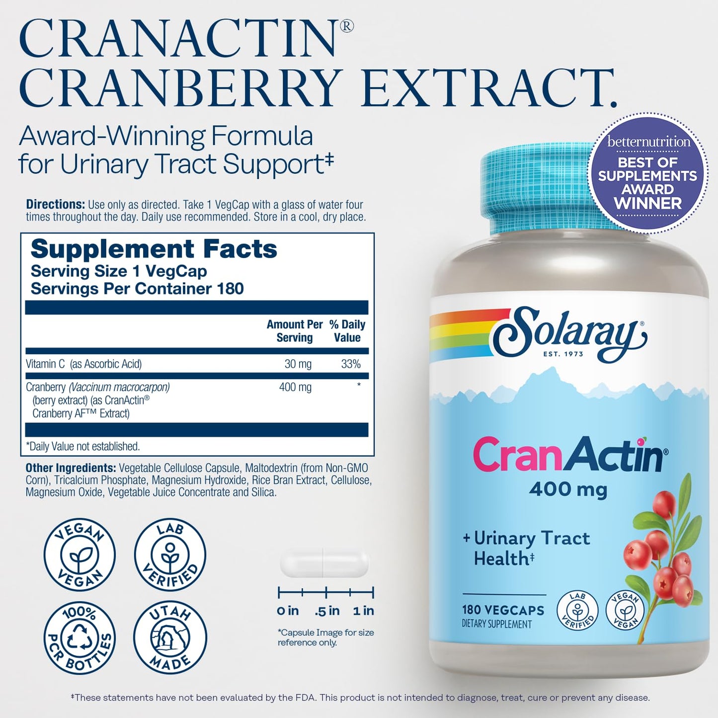 SOLARAY CranActin Cranberry Extract 400 mg - Cranberry Supplements for Women and Men - Bladder and Urinary Tract Health Support with Vitamin C - Vegan, 60-Day Guarantee, 120 Servings, 120 VegCaps - PrimeBioHealth - canada supplements