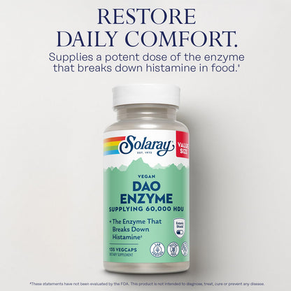 SOLARAY DAO Enzyme - Digestive Enzyme that Breaks Down Histamine - 60,000 HDU - Digestive Enzymes - Vegan, Gluten Free, Lab Verified - 30 Servings, 30 VegCaps - PrimeBioHealth - canada supplements