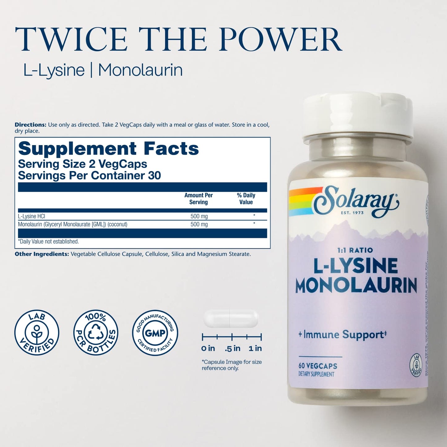 SOLARAY L-Lysine Monolaurin Immune Support Supplement, 1:1 Ratio for Immune System Function, 500 mg Each, 30 Servings, 60 VegCaps - PrimeBioHealth - canada supplements