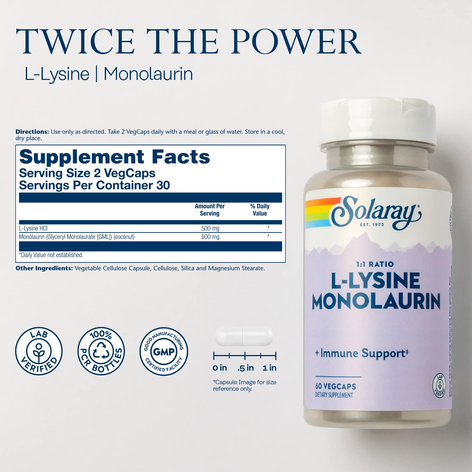 SOLARAY L-Lysine Monolaurin Immune Support Supplement, 1:1 Ratio for Immune System Function, 500 mg Each, 30 Servings, 60 VegCaps - PrimeBioHealth - canada supplements