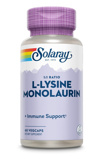 SOLARAY L-Lysine Monolaurin Immune Support Supplement, 1:1 Ratio for Immune System Function, 500 mg Each, 30 Servings, 60 VegCaps - PrimeBioHealth - canada supplements