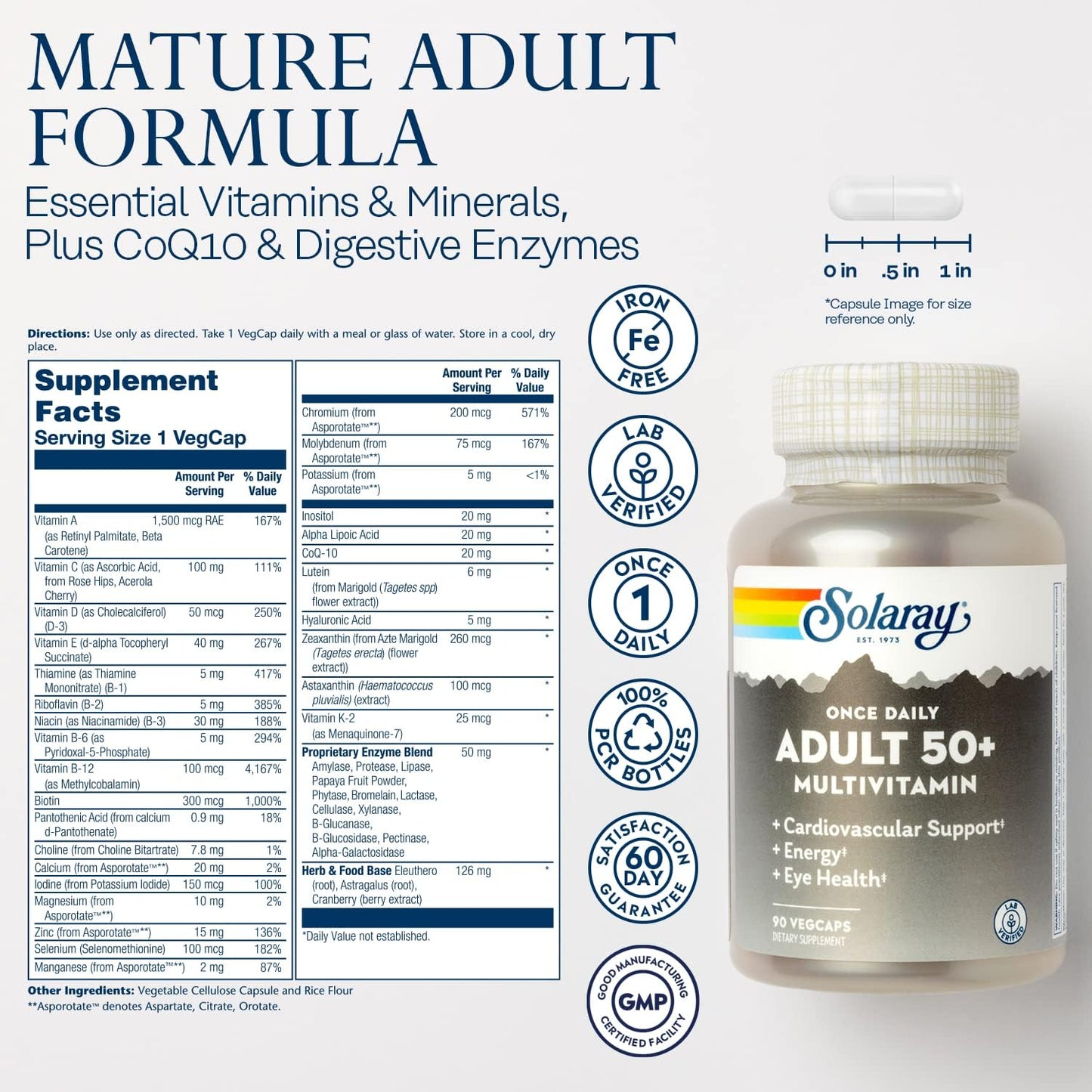 Solaray Once Daily Adult 50+ Complete Multivitamin for Women & Men, Essential Vitamins & Chelated Minerals for Healthy Energy, Heart, Brain & Immune Support, With CoQ10 & Lutein, Iron Free, 90 VegCaps - PrimeBioHealth - canada supplements