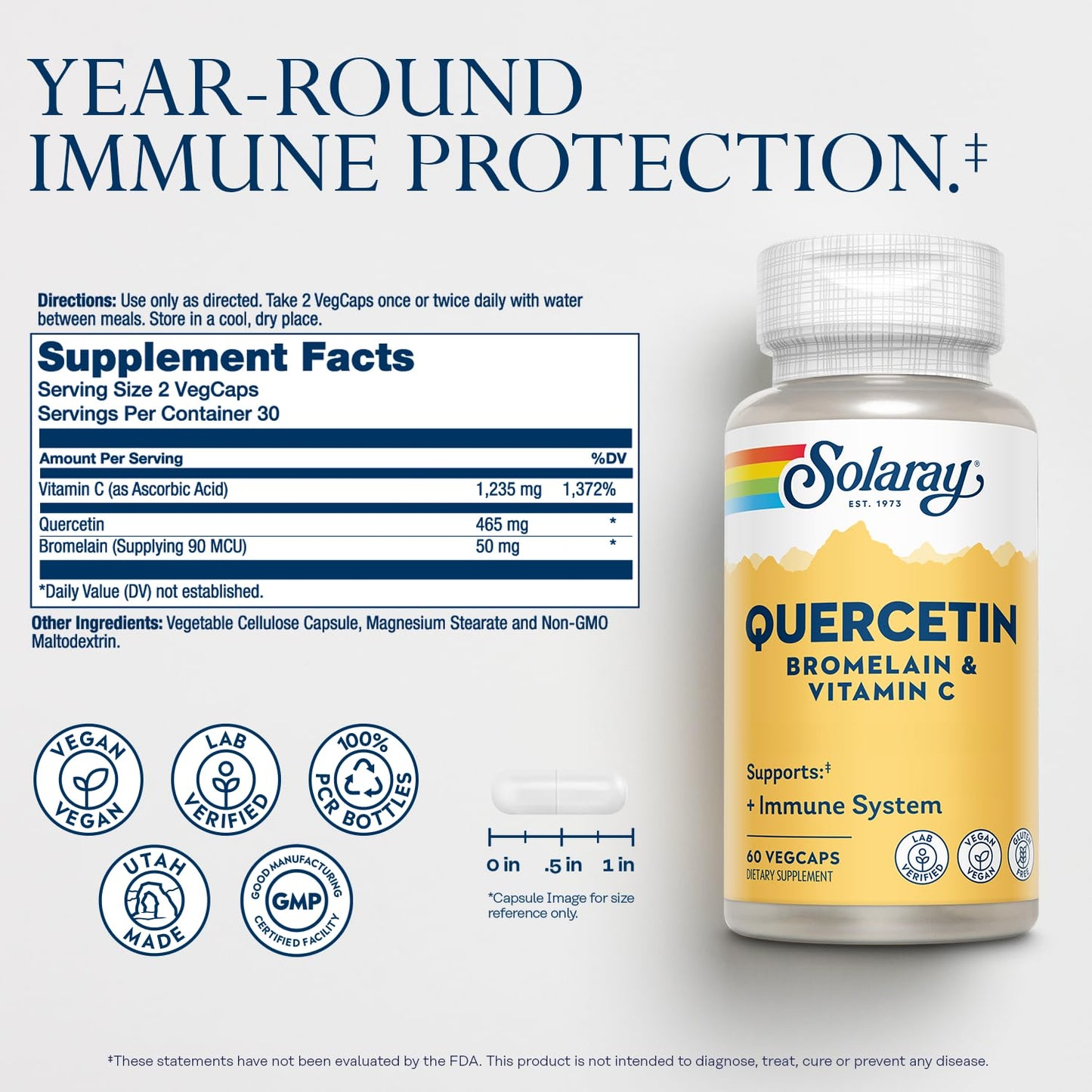 SOLARAY Quercetin Bromelain & Vitamin C, Immune System, Sinus, Respiratory & Antioxidant Activity Support, Vegan, 500mg of Quercetin & 1,235mg of VIT C, 60 Day Guarantee, 75 Servings, 150 VegCaps - PrimeBioHealth - canada supplements