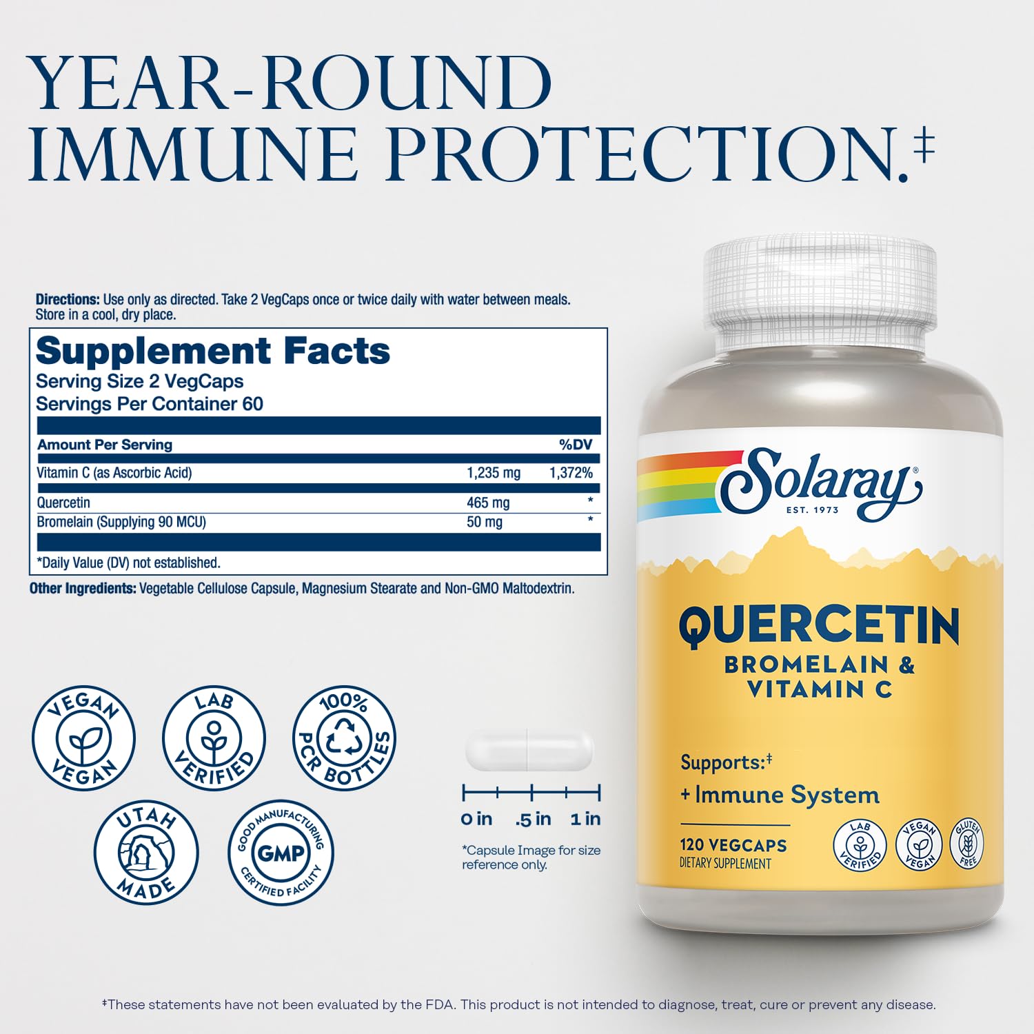 SOLARAY Quercetin Bromelain & Vitamin C, Immune System, Sinus, Respiratory & Antioxidant Activity Support, Vegan, 500mg of Quercetin & 1,235mg of VIT C, 60 Day Guarantee, 75 Servings, 150 VegCaps - PrimeBioHealth - canada supplements