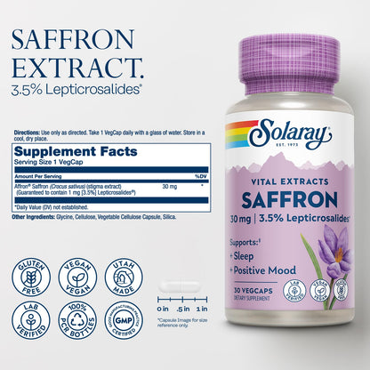 SOLARAY Saffron Extract - Sleep and Positive Mood Support - Vegan and Gluten Free Saffron Supplements - Lab Verified - 60-Day Guarantee - 30 Servings, 30 VegCaps - PrimeBioHealth - canada supplements