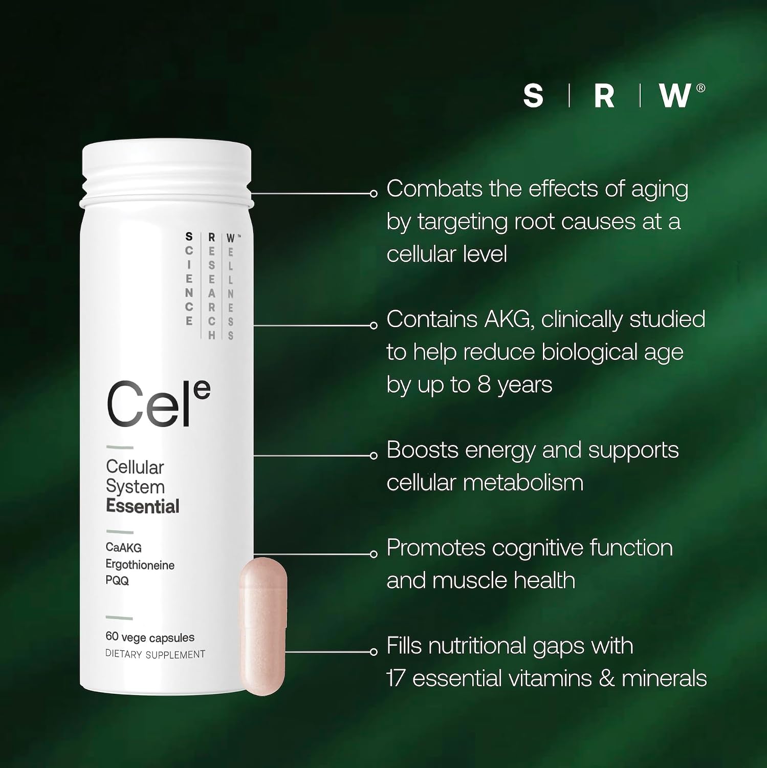 SRW Cel Essential | Wellness Supplement for Healthy Aging and Longevity | Supports Energy, Mental Performance + Muscle Health | 17 Vitamins & Minerals | Suitable for All Ages | 60 Capsules - PrimeBioHealth - canada supplements