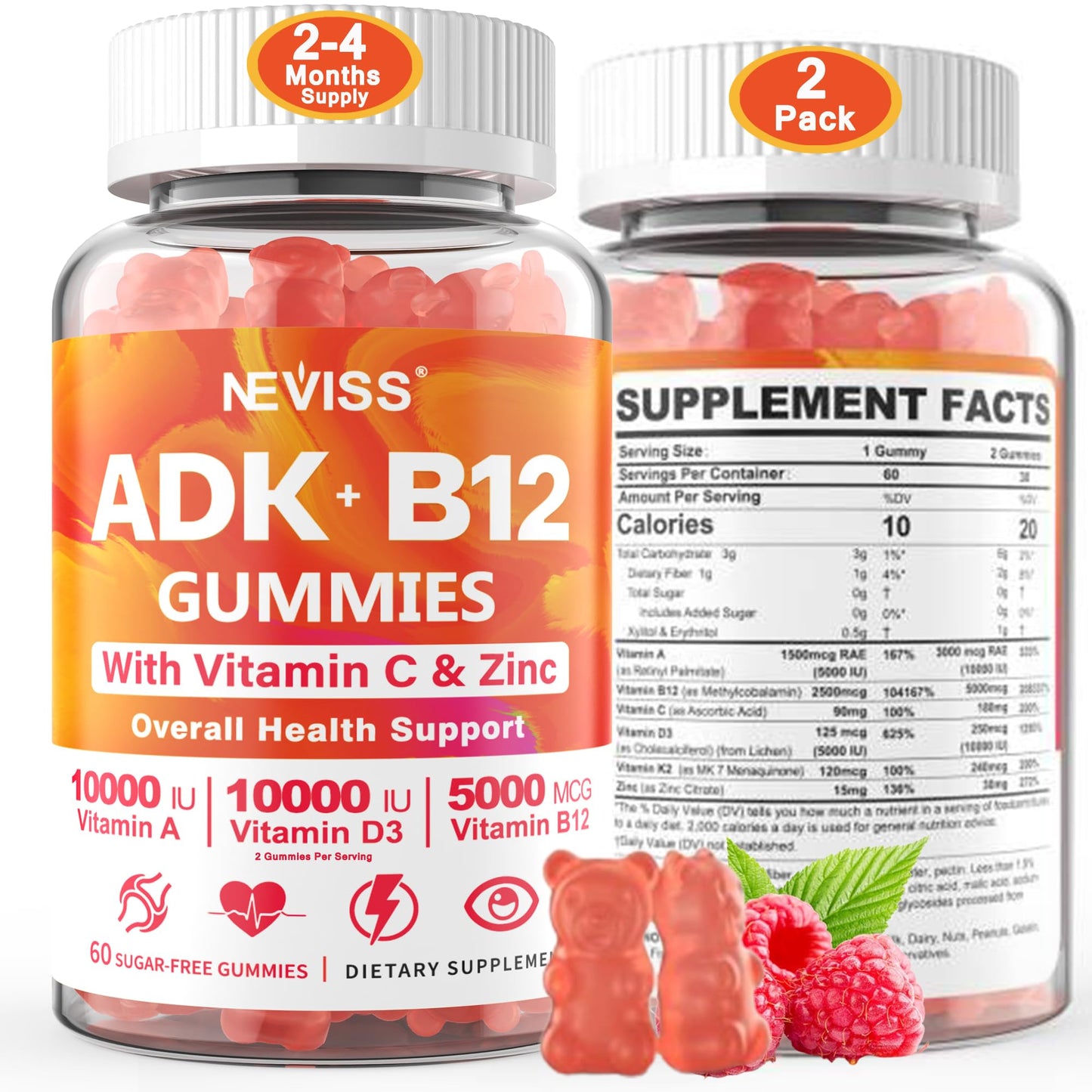 Sugar-Free ADK+Vitamin B12 Gummies - Vitamin D3 K2 10,000IU/ 5000IU, B12 5000mcg 2500mcg, K2 (MK-7) 240mcg, Multivitamin Adults-Vitamin A,Vegan Vitamin D,Methyl B12,C,Zinc-Eye,Bone,Energy,Nerve,Immune - PrimeBioHealth - canada supplements