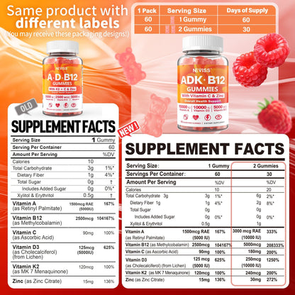 Sugar-Free ADK+Vitamin B12 Gummies - Vitamin D3 K2 10,000IU/ 5000IU, B12 5000mcg 2500mcg, K2 (MK-7) 240mcg, Multivitamin Adults-Vitamin A,Vegan Vitamin D,Methyl B12,C,Zinc-Eye,Bone,Energy,Nerve,Immune - PrimeBioHealth - canada supplements
