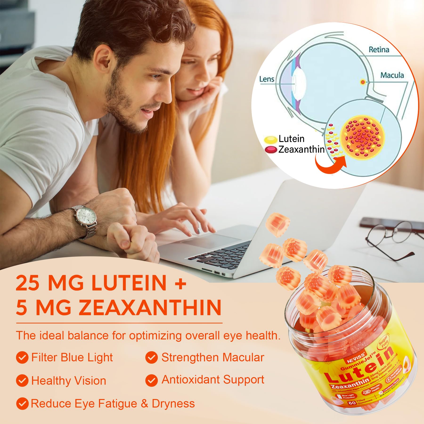 Sugar-Free Lutein Zeaxanthin Supplements Gummies (25mg) Vitamins A, C, E, Bilberry, Astaxanthin - Coconut Oil for Better Absorption - Adults & Teens Vision Health, Eye Strain, Dry Eyes - Vegan, 60Cts - PrimeBioHealth - canada supplements