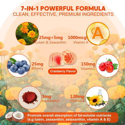 Sugar-Free Lutein Zeaxanthin Supplements Gummies (25mg) Vitamins A, C, E, Bilberry, Astaxanthin - Coconut Oil for Better Absorption - Adults & Teens Vision Health, Eye Strain, Dry Eyes - Vegan, 60Cts - PrimeBioHealth - canada supplements