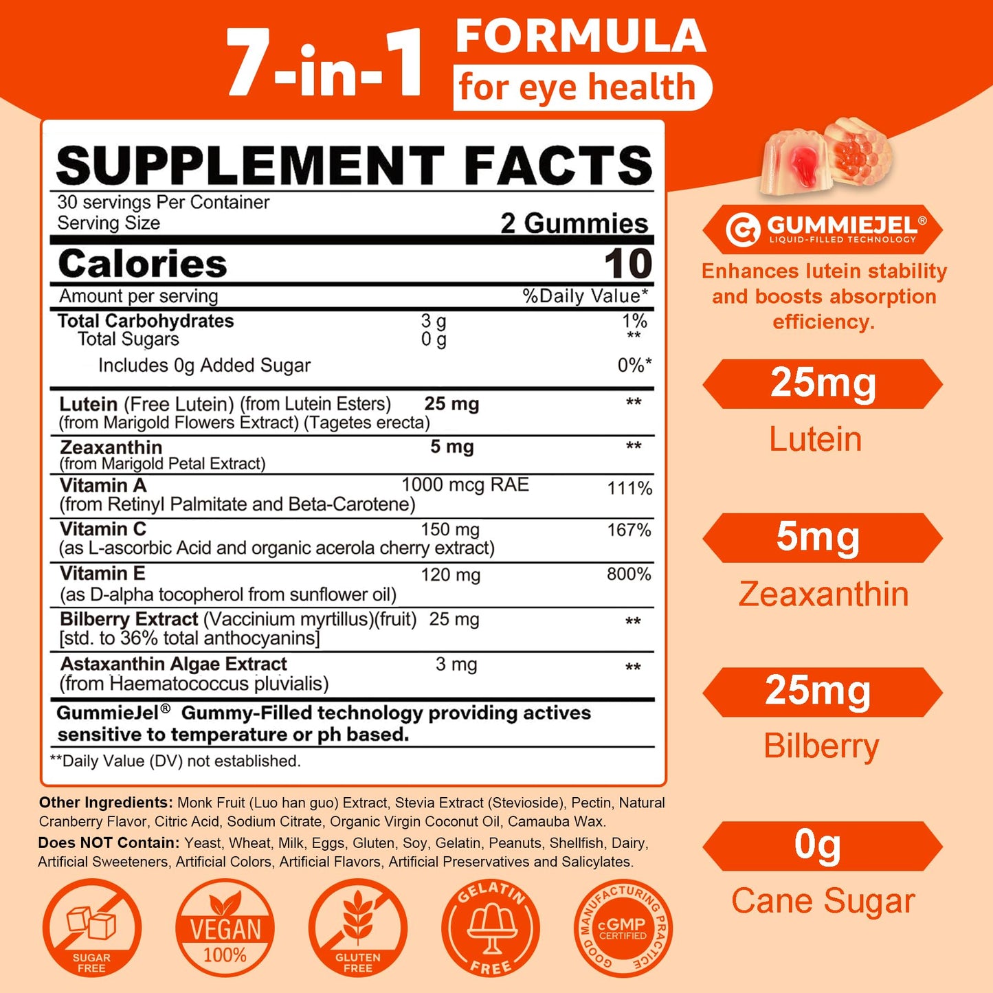 Sugar-Free Lutein Zeaxanthin Supplements Gummies (25mg) Vitamins A, C, E, Bilberry, Astaxanthin - Coconut Oil for Better Absorption - Adults & Teens Vision Health, Eye Strain, Dry Eyes - Vegan, 60Cts - PrimeBioHealth - canada supplements