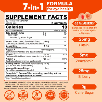 Sugar-Free Lutein Zeaxanthin Supplements Gummies (25mg) Vitamins A, C, E, Bilberry, Astaxanthin - Coconut Oil for Better Absorption - Adults & Teens Vision Health, Eye Strain, Dry Eyes - Vegan, 60Cts - PrimeBioHealth - canada supplements