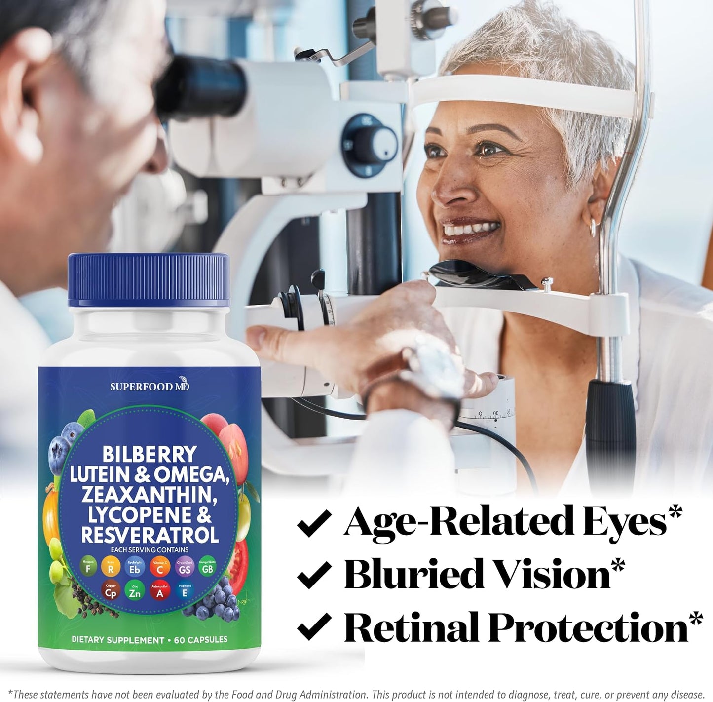 Superfood MD Eye Health Vitamins with Bilberry Lutein & Zeaxanthin Lycopene 40mg Resveratrol Grape Seed Extract Astaxanthin- AREDS 2 - Eye Vitamin - 120 Capsules - PrimeBioHealth - canada supplements