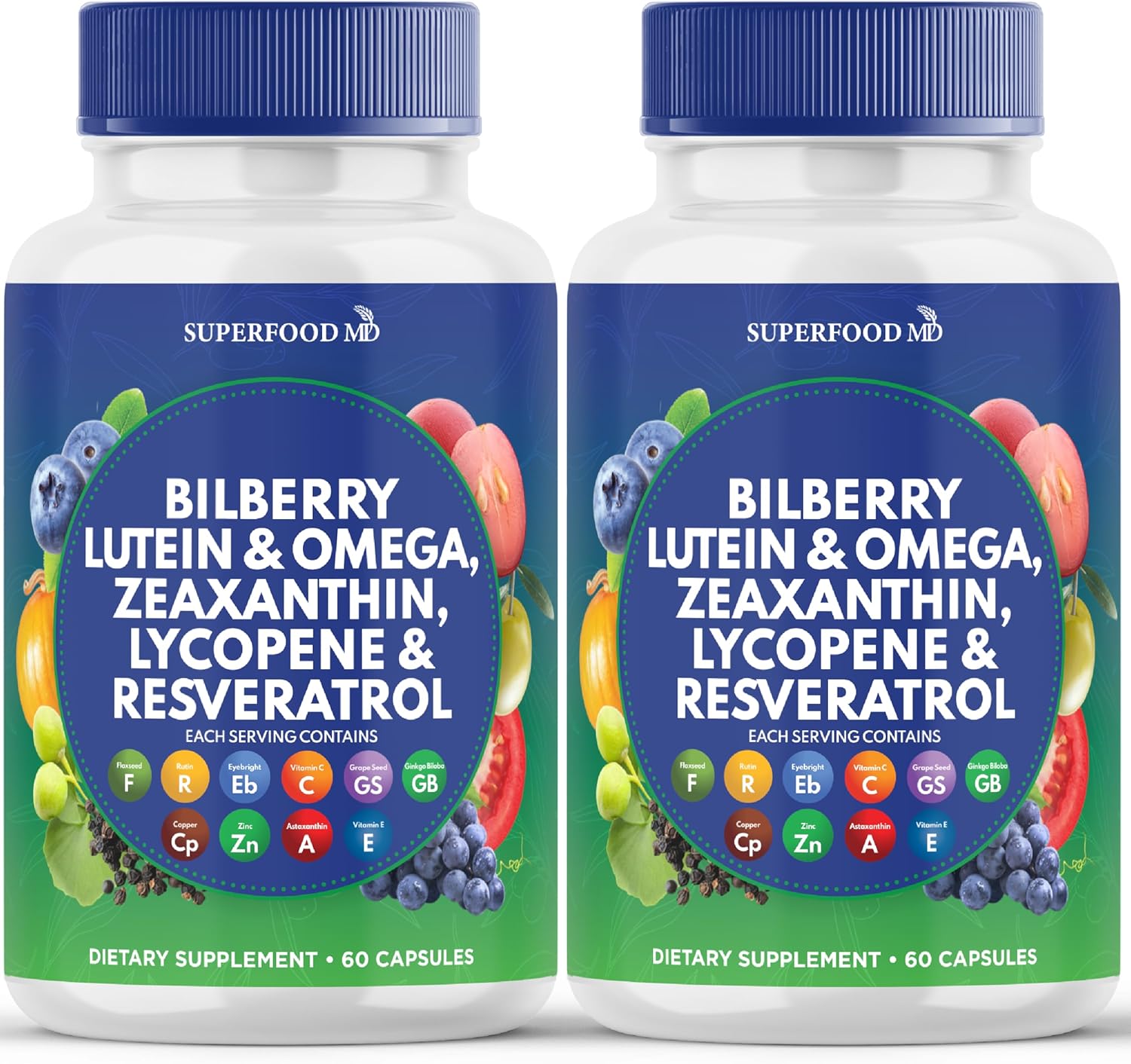 Superfood MD Eye Health Vitamins with Bilberry Lutein & Zeaxanthin Lycopene 40mg Resveratrol Grape Seed Extract Astaxanthin- AREDS 2 - Eye Vitamin - 120 Capsules - PrimeBioHealth - canada supplements