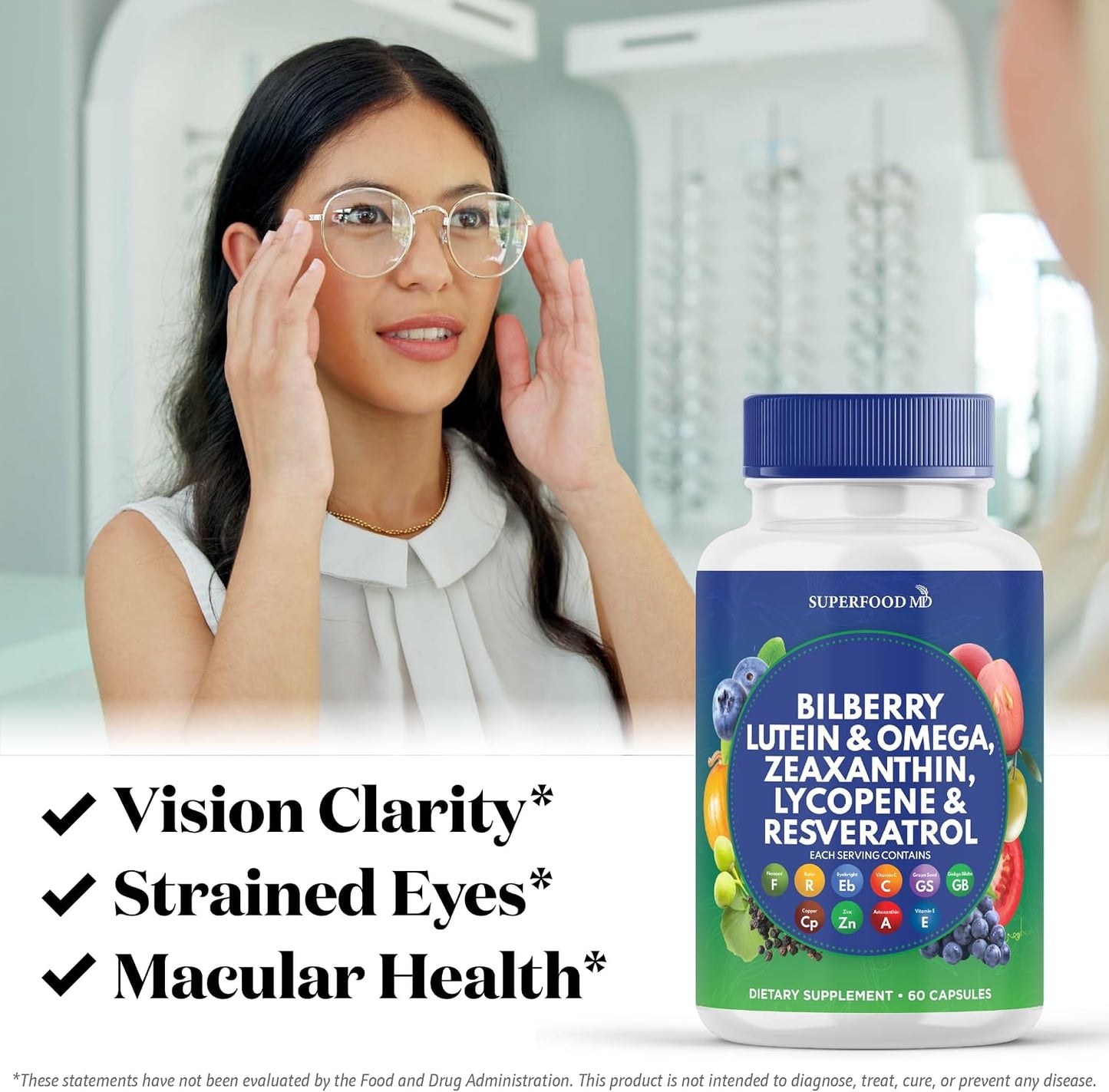 Superfood MD Eye Health Vitamins with Bilberry Lutein & Zeaxanthin Lycopene 40mg Resveratrol Grape Seed Extract Astaxanthin- AREDS 2 - Eye Vitamin - 120 Capsules - PrimeBioHealth - canada supplements