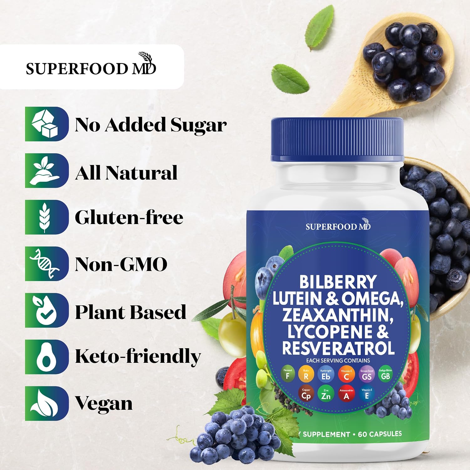 Superfood MD Eye Health Vitamins with Bilberry Lutein & Zeaxanthin Lycopene 40mg Resveratrol Grape Seed Extract Astaxanthin- AREDS 2 - Eye Vitamin - 120 Capsules - PrimeBioHealth - canada supplements