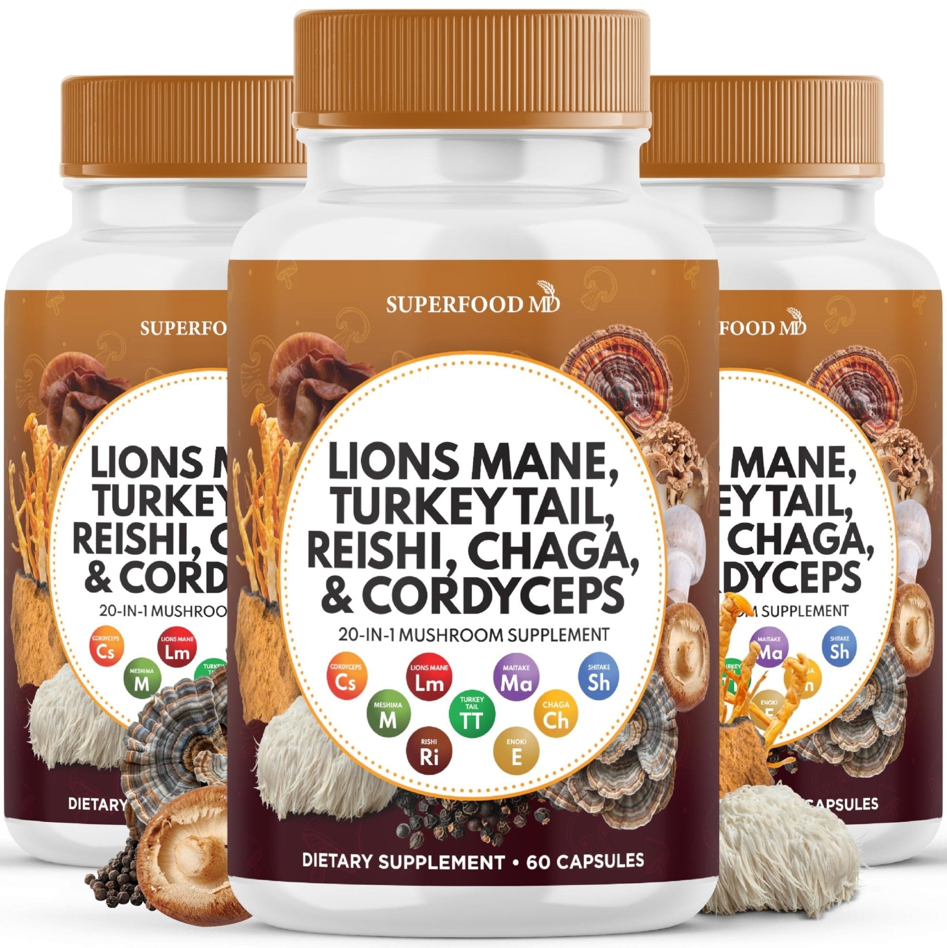 Superfood MD Lions Mane Mushroom Supplement with Turkey Tail Reishi Cordyceps Chaga with Marshmallow Root - 120 Count - PrimeBioHealth - canada supplements