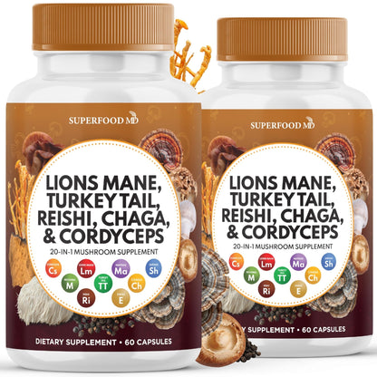 Superfood MD Lions Mane Mushroom Supplement with Turkey Tail Reishi Cordyceps Chaga with Marshmallow Root - 120 Count - PrimeBioHealth - canada supplements