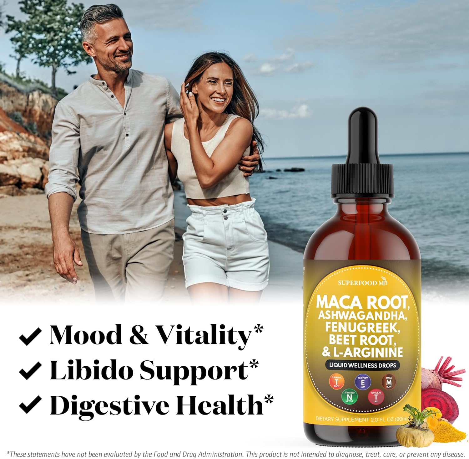 Superfood MD Maca Root Liquid Drops with Ashwagandha, Nettle, Fenugreek, Beet Root and L-Arginine Liquid Multivitamin for Women and Men - 8 Oz - PrimeBioHealth - canada supplements