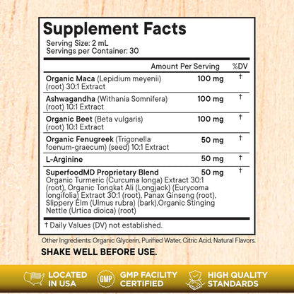 Superfood MD Maca Root Liquid Drops with Ashwagandha, Nettle, Fenugreek, Beet Root and L-Arginine Liquid Multivitamin for Women and Men - 8 Oz - PrimeBioHealth - canada supplements