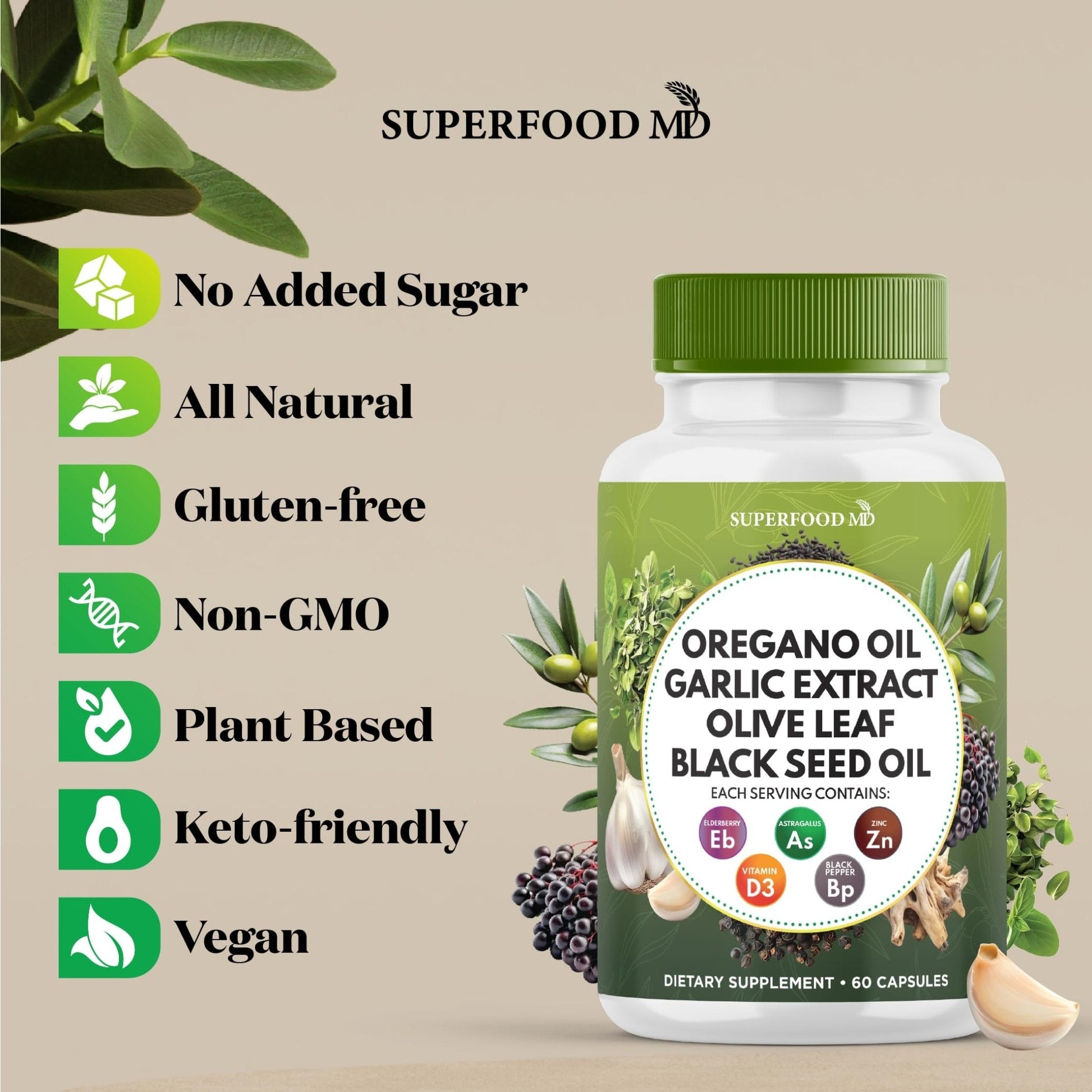 Superfood MD Oregano Oil Garlic Extract Olive Leaf Black Seed Oil Astragalus- for Women and Men- 60 Count - PrimeBioHealth - canada supplements
