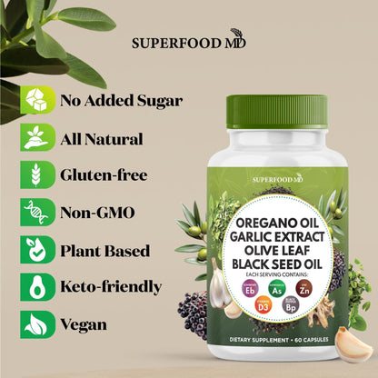 Superfood MD Oregano Oil Garlic Extract Olive Leaf Black Seed Oil Astragalus- for Women and Men- 60 Count - PrimeBioHealth - canada supplements