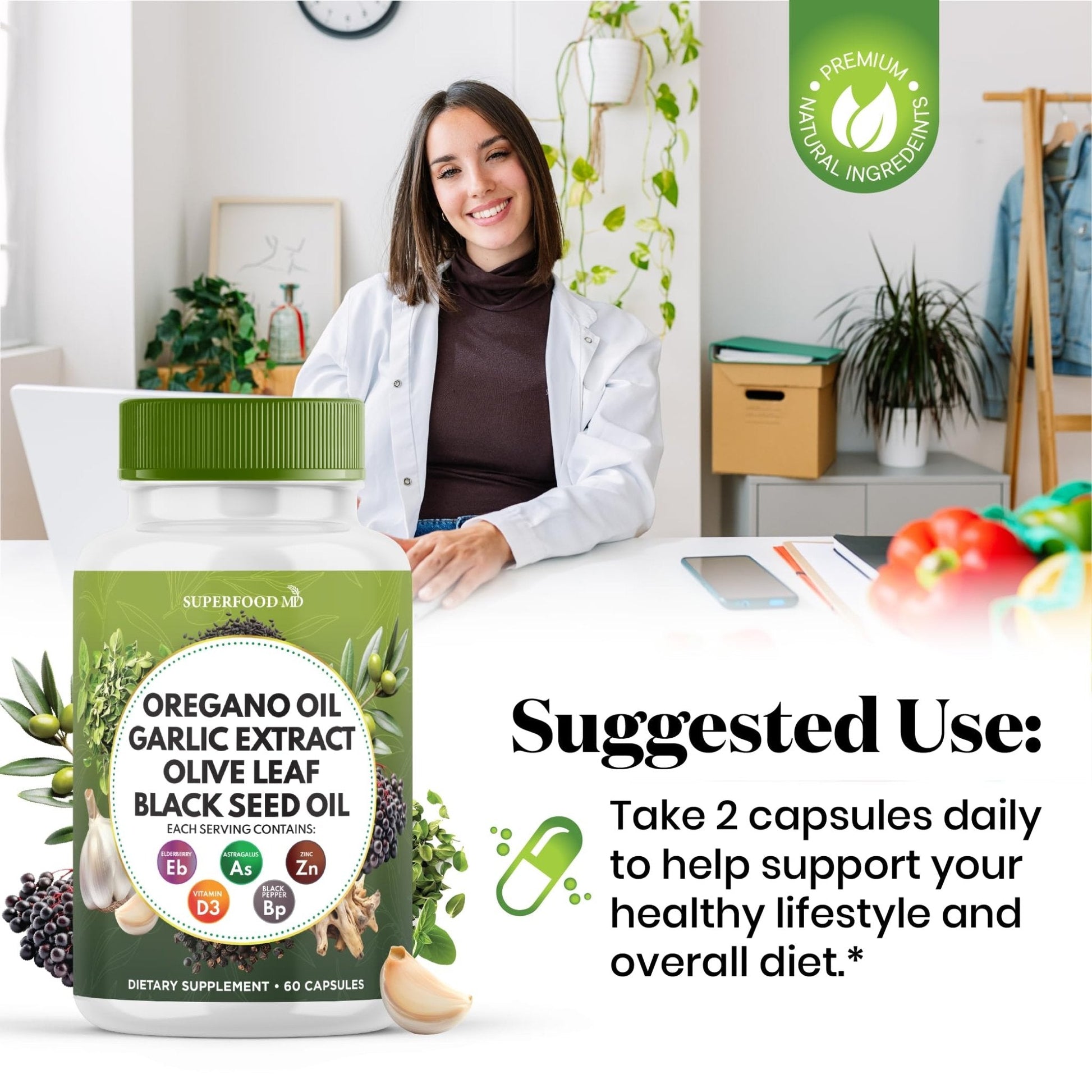 Superfood MD Oregano Oil Garlic Extract Olive Leaf Black Seed Oil Astragalus- for Women and Men- 60 Count - PrimeBioHealth - canada supplements
