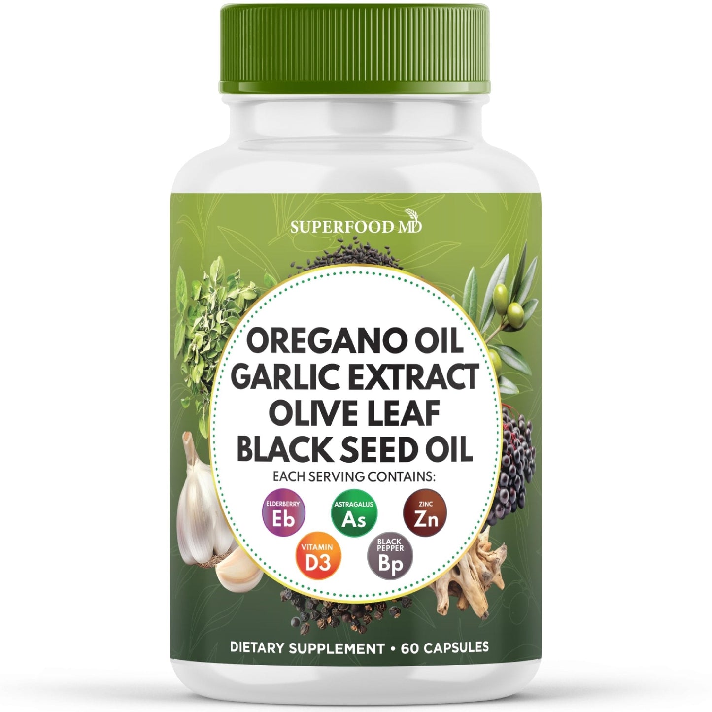 Superfood MD Oregano Oil Garlic Extract Olive Leaf Black Seed Oil Astragalus- for Women and Men- 60 Count - PrimeBioHealth - canada supplements