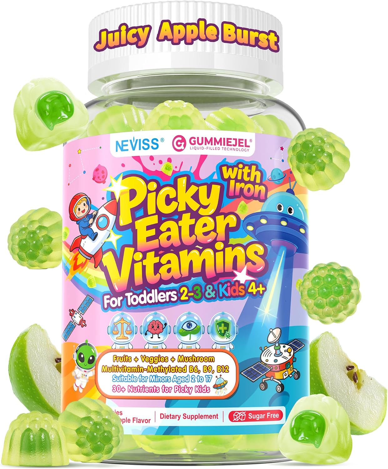 Toddlers 2-3 & Kids 4+ Picky Eater Vitamins with Iron, for Minors Aged 2-17, Children Teens Multiviamin Supergreen Filled Gummies, Methylated B6, B9,B12, Fruits + Veggies + Mushroom, Sugar Free - PrimeBioHealth - canada supplements