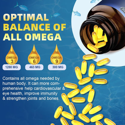 Triple Omega 3-6-9 Fish Oil 2000mg with Vitamin E - EPA & DHA Fatty Acids Supplement - Supports Heart, Brain, Eye, Joint, Skin & Immune Health - Includes Flaxseed & Borage, Non-GMO, 120 Softgels - PrimeBioHealth - canada supplements