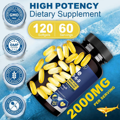 Triple Omega 3-6-9 Fish Oil 2000mg with Vitamin E - EPA & DHA Fatty Acids Supplement - Supports Heart, Brain, Eye, Joint, Skin & Immune Health - Includes Flaxseed & Borage, Non-GMO, 120 Softgels - PrimeBioHealth - canada supplements